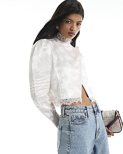 Pink Satin Jacquard Lace Trim Satin Top