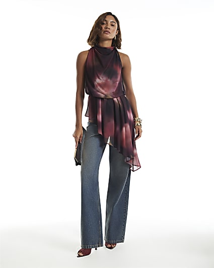 Burgundy Chiffon Asymmetric Hem Top
