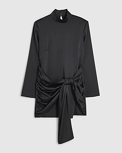 Petite Black Satin Bow Long Sleeve Mini Dress