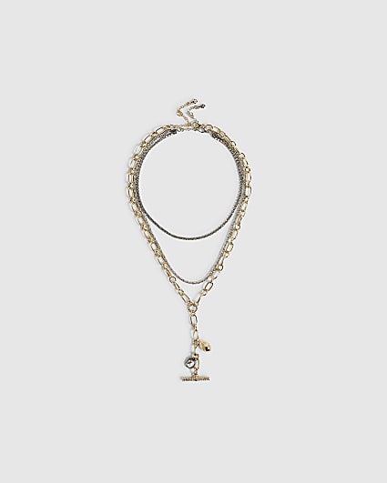 Gold Metal Mixed Multi Charm T-Bar Necklace