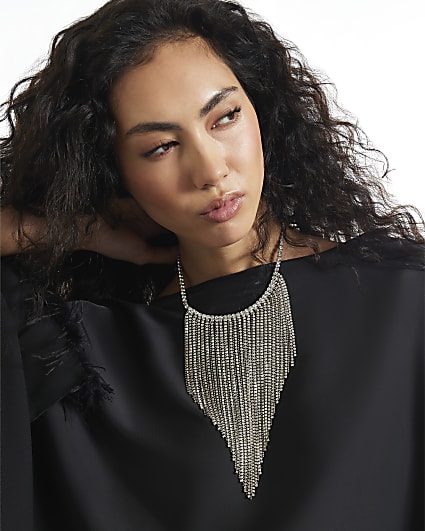 Silver Diamante Cupchain And Beaded Necklace
