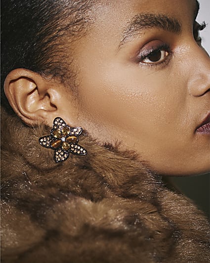 Brown Crystal Flower Earrings