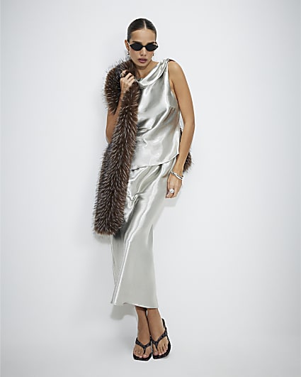 Silver Premium Metallic Satin Maxi Skirt