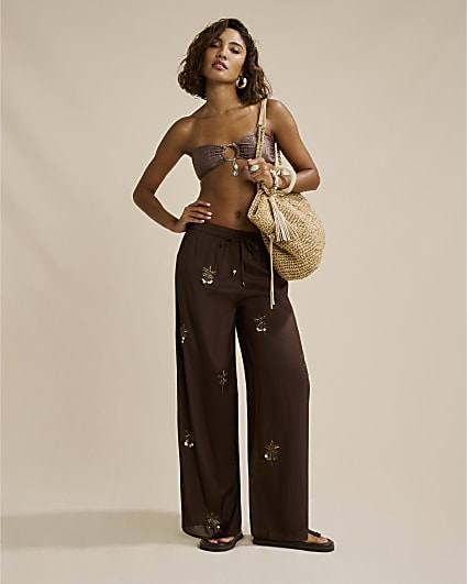 Brown Palm Tree Embellished Motif Trousers