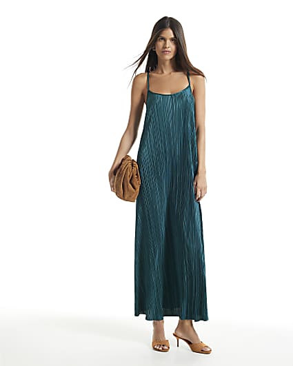 Green Plisse Gold Metal Trim Maxi Dress
