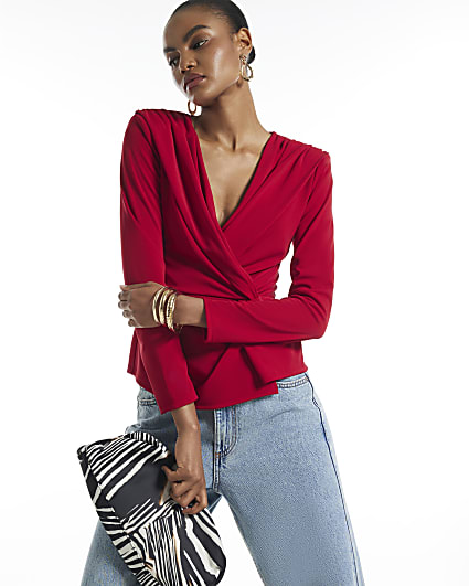 Red Long Sleeve Drape Front Top