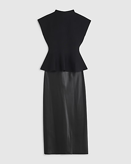 Petite Black Hybrid Satin Knit Peplum Dress