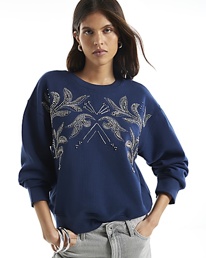 Navy Embellished Sweatshirt
