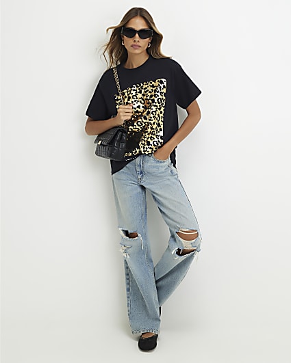 Black Cotton Leopard Print Foil T-Shirt