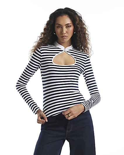 Navy Cotton Blend Stripe Keyhole Top