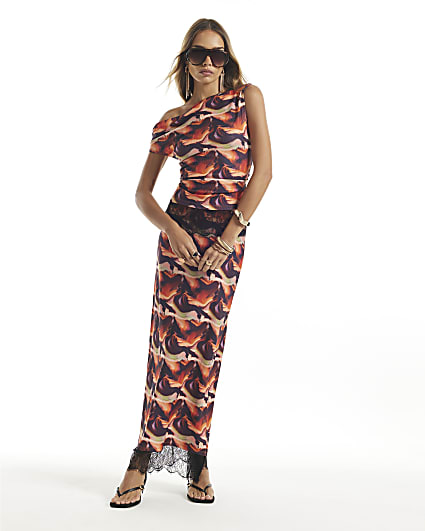 Orange Lace Trim Blur Print Maxi Skirt