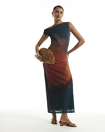 Blue Mesh Printed Drape Dress