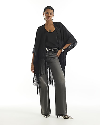 Black Jacquard Tassel Trim Kimono