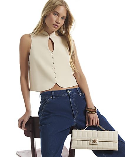 Cream Boxy Stand Up Collar Top