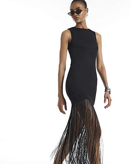 Black Plisse Fringe Trim Maxi Dress