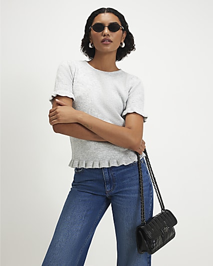 Grey Knit Frill Trim T-Shirt