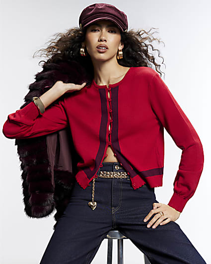 Red Open Button Blocked Cardigan