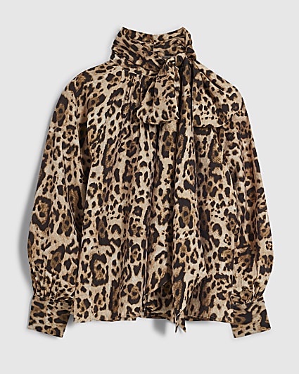 Petite Beige Leopard Pussybow Blouse