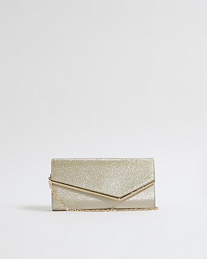 Gold Glitter Angled Framed Clutch Bag