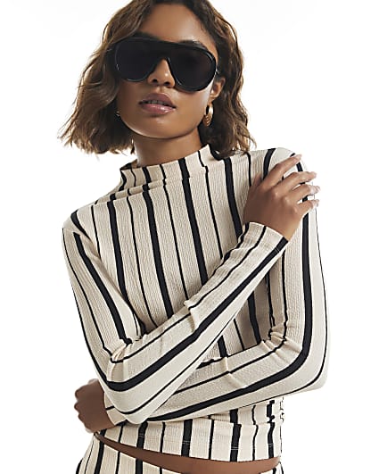 Black Long Sleeve Shirred Stripe Top