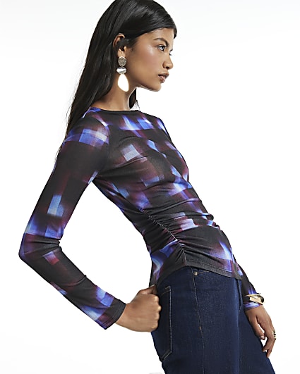 Blue Check Asymmetric Hem Top