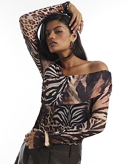 Beige Mixed Animal Print Mesh Top