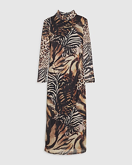 Petite Brown Leopard Print Mesh Maxi Dress