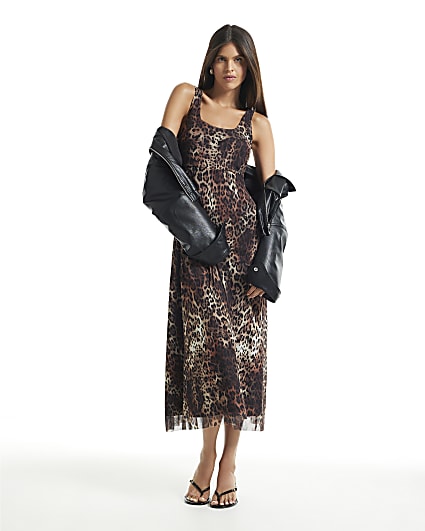 Brown Leopard Print Mesh Midi Dress