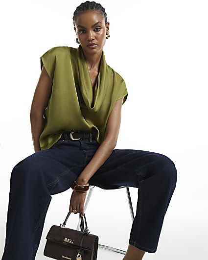 Khaki Satin Cowl Neck Tank Top