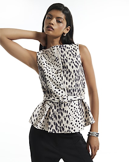 Beige Animal Print Peplum Top