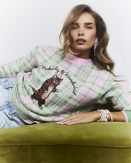 Green Check Cat Jumper