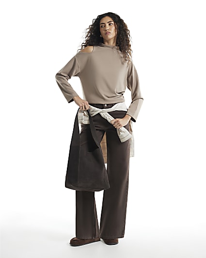 Beige Premium Cut Out Shoulder Sweatshirt