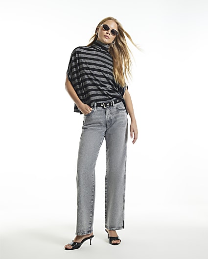 Silver Funnel Neck Metallic Stripe Cape Top