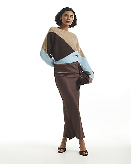Brown Satin Bias Maxi Skirt