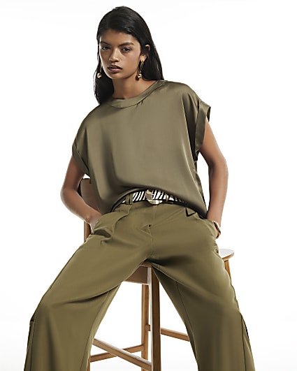 Khaki Satin Turn Back Cuff Blouse