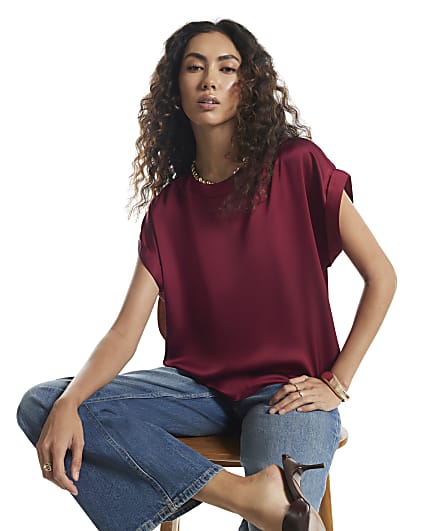Red Satin Turn Back Cuff Blouse