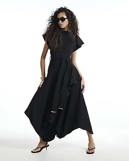Black Wrap Style Hanky Hem Midi Dress