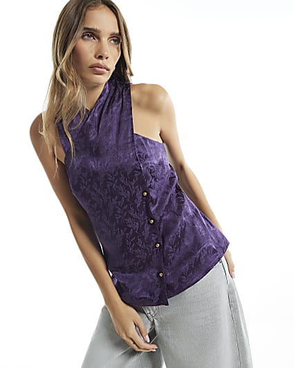 Purple Satin Jacquard Button Wrap Top