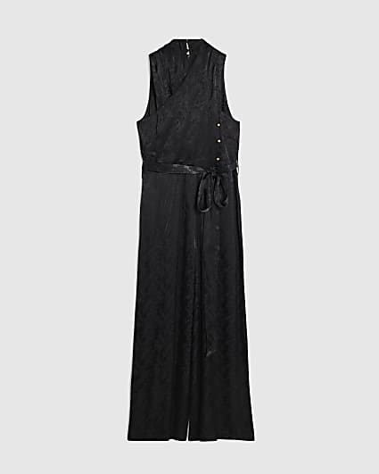 Petite Black Satin Jacquard Jumpsuit