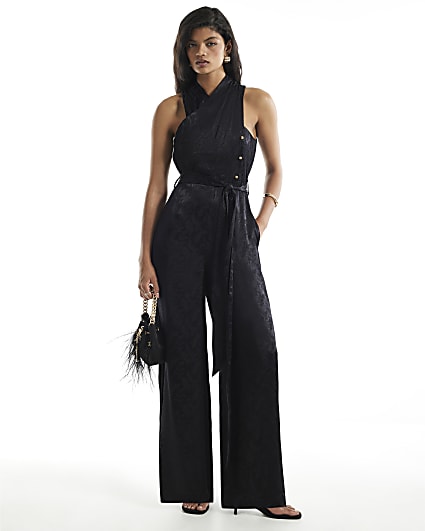 Black Satin Jacquard Jumpsuit