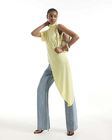 Yellow High Neck Asymmetric Flowing Top