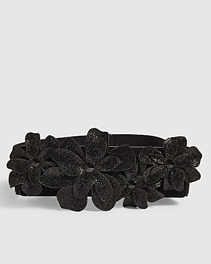 Black 3D Diamante Flower Tie Belt
