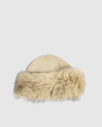 Cream Knitted Faux Fur Trim Hat