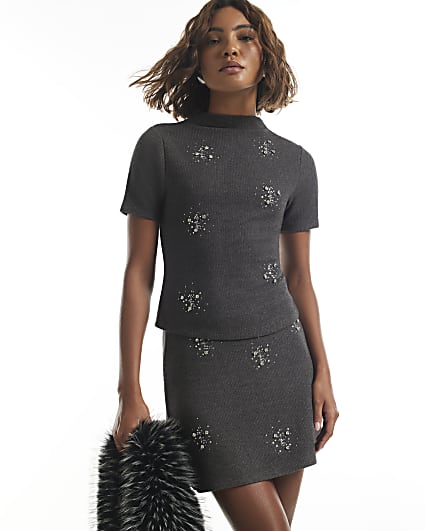Grey Embellished Cosy T-Shirt