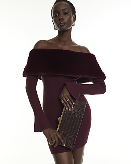 Burgundy Knit Bardot Faux Fur Trim Mini Dress