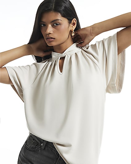 Cream Short Sleeve Twist Front Top