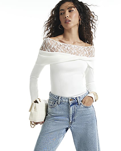 Cream Lace Neck Twist Top