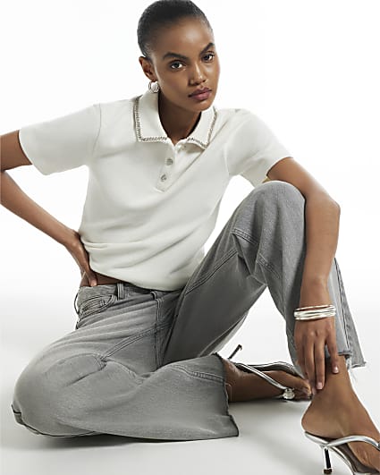 Cream Cosy Diamante Short Sleeve Polo Shirt