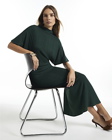 Green Ribbed Short Sleeve Midi Dress