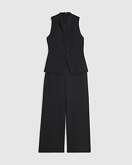 Petite Black Frogging Waistcoat Jumpsuit